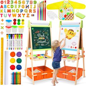 Kids Easel Including 100+ Accessories, Rundad Double Sided Wooden Easel for Kids Age 3-8 with Magnetic Chalkboard & Painting Board, Free Height Adjustable Art Easel Supplies for Toddlers