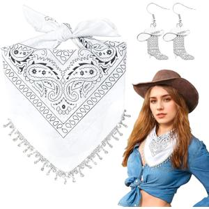 Fringe Rhinestone Bandana with Rhinestone Cowgirl Boots Earrings, Disco Bachelorette Tassel Kerchief (White)