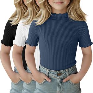 LessonZoo 3 Pack Girls Mock Turtleneck Shirts, 3-Color Set, 7-8 Years