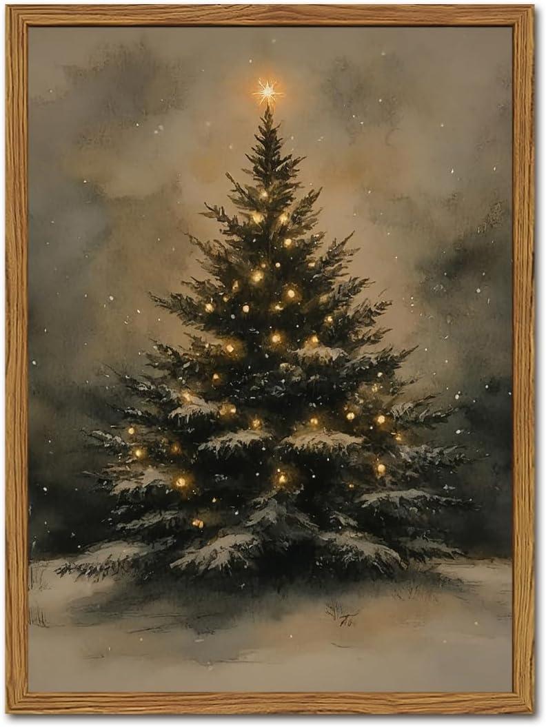 Vintage Christmas Wall Art Natural Christmas Tree Wall Decor Paintings Winter Landscape Pine Tree Poster Canvas Prints for Farmhouse Mantel Bedroom Living Room 12x16 inch Wood Framed