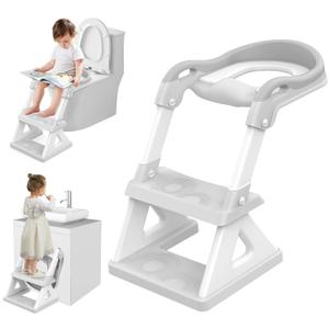 2 In 1 Potty Training Toilet Seat & Toddler Step Stool, Bottom Triangle Stability Toddler Toilet Seat, Adjustable Step & Seat Height Potty Seats for Toddlers Boys Girls (Grey) (Gray)