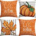 2 x Artscope Fall Decorative Throw Pillow Covers 18x18 Inch Set of 4 Fall Gifts for Home Decor, Striped Autumn Pumpkin Maple Leaves Harvest Decoration Pillow Cases for Home Sofa Couch Decor-Orange C