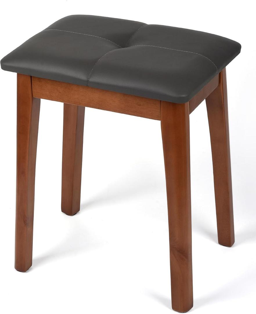 Solid Wood Vanity Stool with Cushion, 11" D x 15" W x 18" H - Small Wooden Ottoman Bench Chair Padded Seat for Bedroom/Living Room/Office/Makeup Vanity/Closet/Desk - Dark Grey