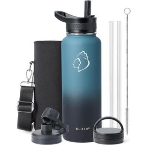 BUZIO 40 oz Water Bottle Insulated with Straw & 3 lid and Carrying Pouch, Leak Proof Anti-Slip Stainless Steel Water Flask Jug, Cold for 48 Hrs Double Vacuum Thermo Canteen, BPA-Free, Indigo Crush