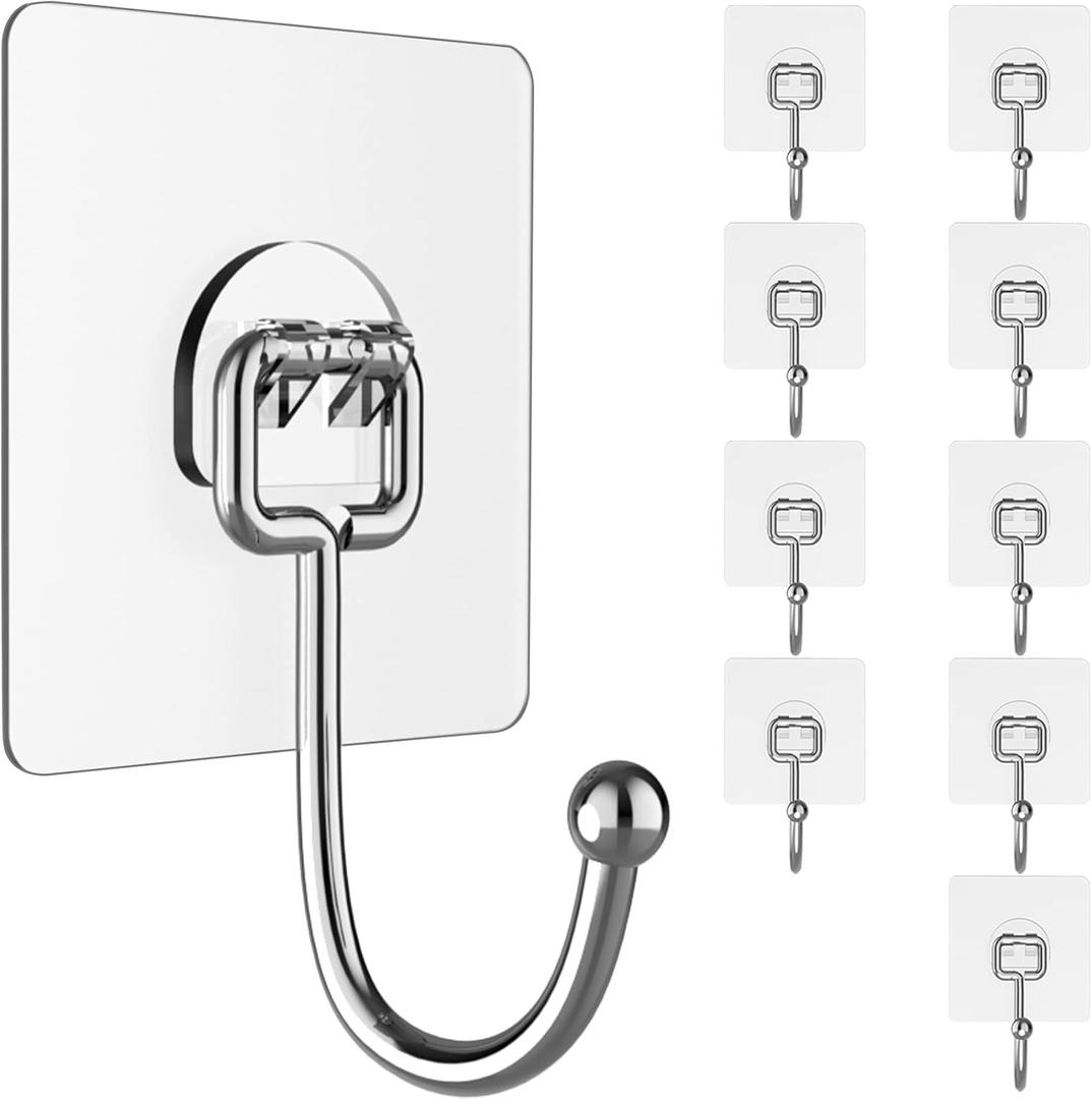 Large Hooks for Hanging Heavy-Duty 44Ib(Max) 10 Packs, Wall Hangers Without Nails Self-Adhesive Traceless Clear and Removable, Waterproof and Rustproof Multiple Uses for Bathroom Kitchen Home (10 Large Hooks)