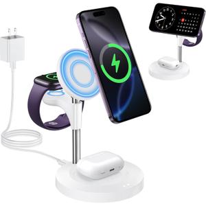 3 in 1 Wireless Charging Station for Multiple Devices Apple, 15W Fast Magnetic Mag-Safe Charger Stand for iPhone 16 15 14 13 12 Pro Max Plus Mini Apple Watch AirPods Pro 4 3 2, White