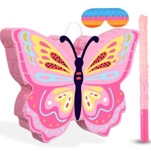 Threan Butterfly Piata Girls Butterfly Party Supplies Fairy Woodland Set - Pink Birthday Piata with Stick and Blindfold Mask for Birthday Baby Shower Party Supplies Decoration