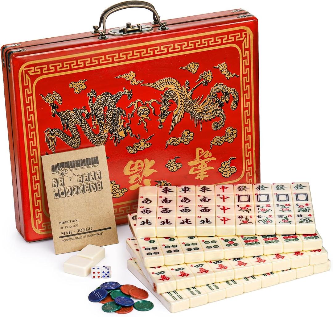Cedilis Chinese Mahjong Game Set with 146 Large Tiles(1.4", Ivory), 2 Dice and Red Carrying Case for Chinese Style Game, Family Gathering