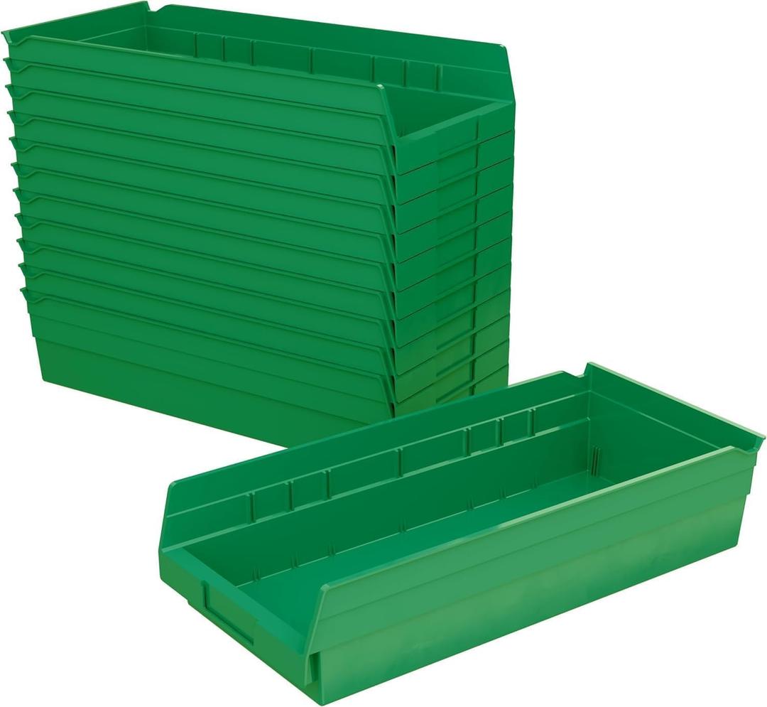 Akro-Mils 30158 Plastic Shelf Bins, Heavy Duty Storage Bins for Garage, Closet, and Drawer Organization, 18-Inch x 8-Inch x 4-Inch, Green, 12-Pack
