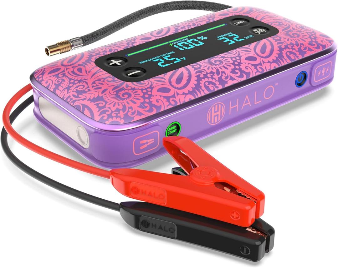 HALO Bolt Air+ 1750 Portable Car Battery Jump Starter | 130 PSI Air Compressor, 59.9Wh USB Power Bank, Large Display, Emergency Floodlight & Charger, Jumps Cars SUVs & Trucks, Inflates Tires  Purple