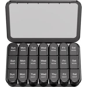 Daviky Pill Organizer 3X a Day, Weekly Pill Box 7 Day, Travel Pill Case with Large Containers, Light-Proof Pill Case for Vitamins, Medication, Supplements and Fish Oils (Black)