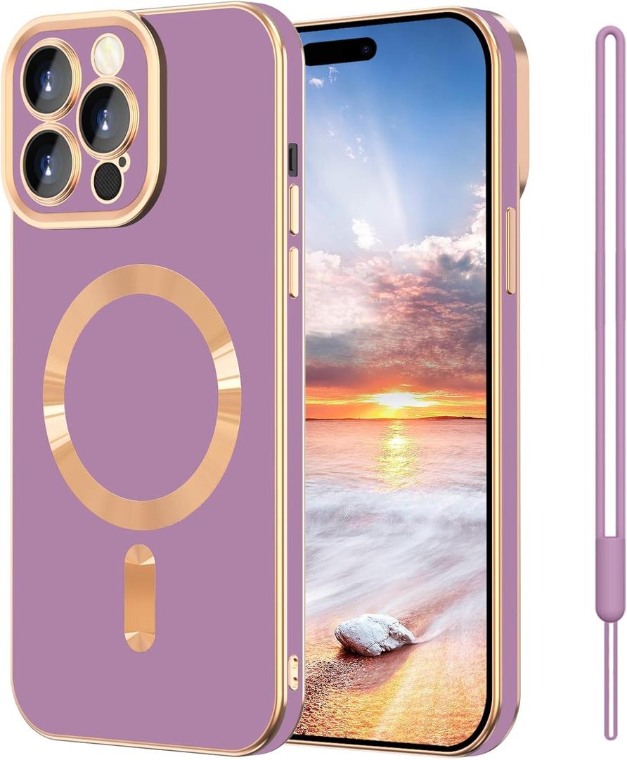 iPhone 15 Pro Max Case,iPhone 15 Pro Max Phone Case[Compatible with MagSafe] Magnetic Slim Thin lanyard Wrist Strap Plating Shockproof Protective Phone Cover for iPhone 15 Pro Max 6.7", Purple