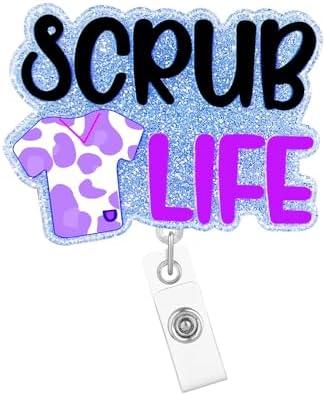 Pack Of 5 Arakulago Scrub Life Nurse Badge Reel Retractable Nursing Student Badge Holder with ID Clip Accessories Funny Medical Assistant RN CNA Glitter Silver Acrylic Name Badge Clip Hospital Doctor ID Card