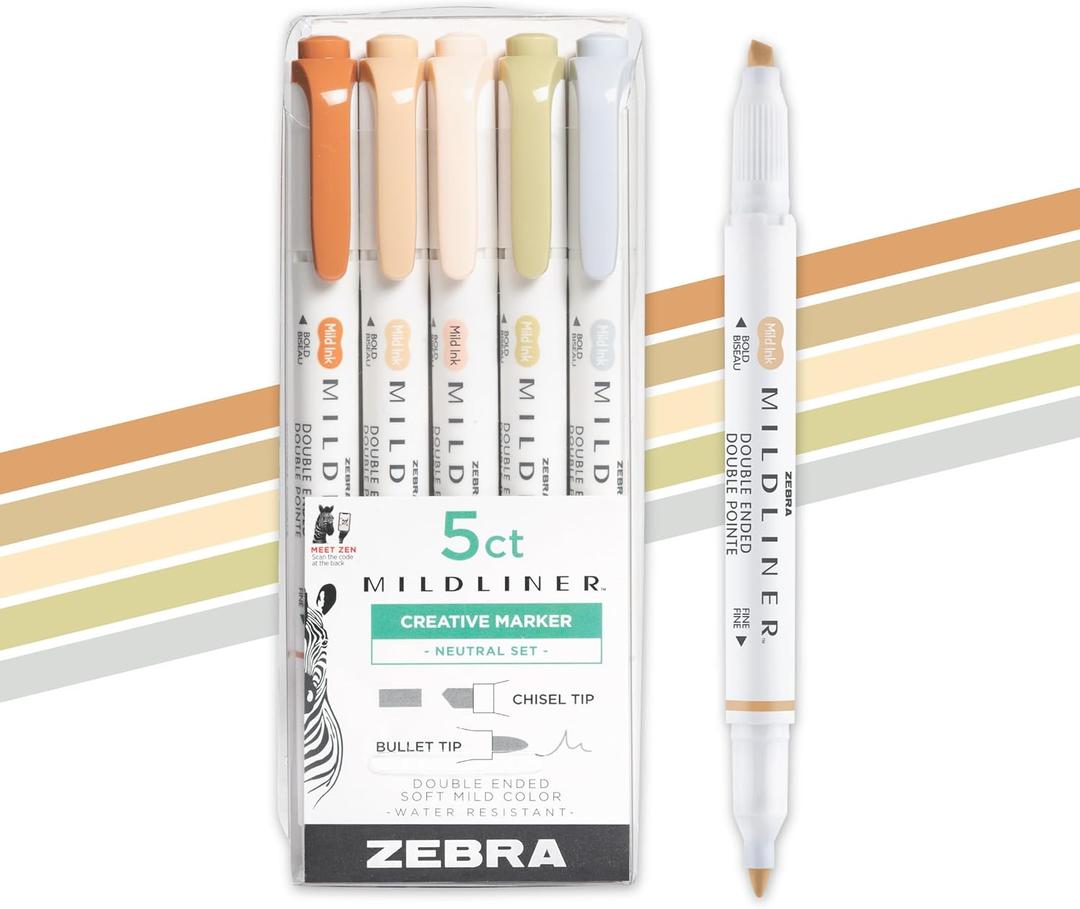 Zebra Pen Mildliner Dual-Tip Highlighter Set, Broad and Fine Tips, No Bleed, Ideal for Bible Highlighting, Journaling, School and Office Supplies, Assorted Neutral Vintage Ink Colors, 5-Pack (78605)