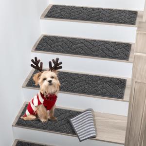 BEQHAUSE Stair Treads Non Slip Stair Runners Step Carpet Mat for Wooden Steps Indoor Machine Washable 28inX9in Edging Polyester Soft Stair Rugs for Kids Elders Pets with TPE Backing(Black,15pcs)