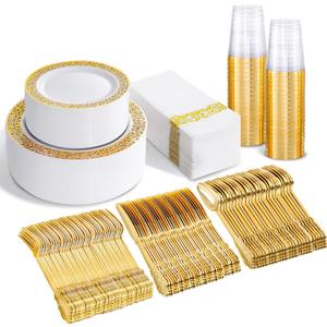bUCLA 350PCS Gold Plastic Plates Disposable - Gold Plastic Dinnerware Set Include 50 Dinner / 50 Dessert Plates, 50 Forks, 50 Knives, 50 Spoons, 50 Cups, 50 Napkins for Party & Thanksgiving (Gold - Lace Design)