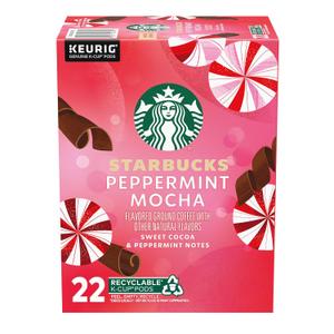 Starbucks K-Cup Coffee Pods, Peppermint Mocha Flavored Coffee for Keurig Brewers, 100% Arabica, 1 Box (22 Pods) (EXP 10/06/26)