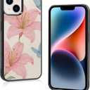 Cute Pink Lily Flower Blue Butterfly Floral Aesthetic Phone Case for iPhone 14 & iPhone 13 Case for Teen Girls Women (6.1Inch)
