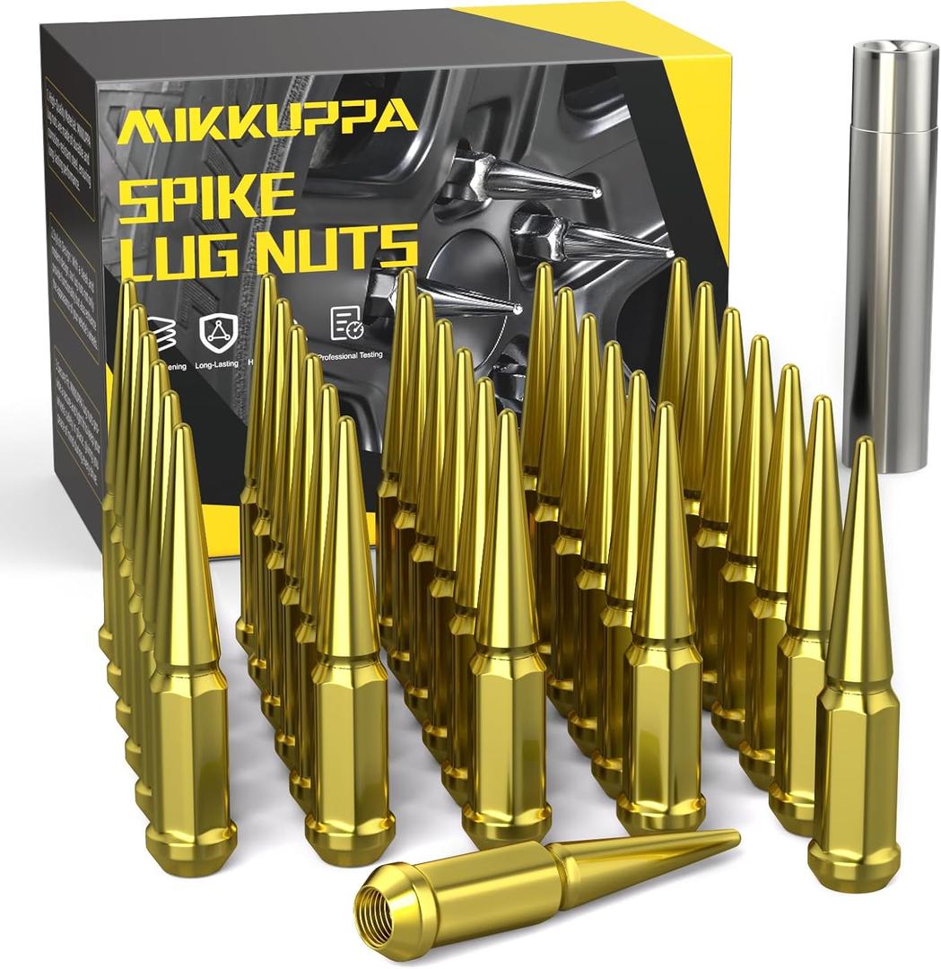 MIKKUPPA M14x1.5 Wheel Spike Lug Nuts, 32 PCS Gold Spiked Lug Nuts 14mmx1.5 Solid 4.4" Tall Acorn Lug Nut with 1 Socket Key Replacement for Chevy Silverado 1500 2500 3500, F150 F250 F350