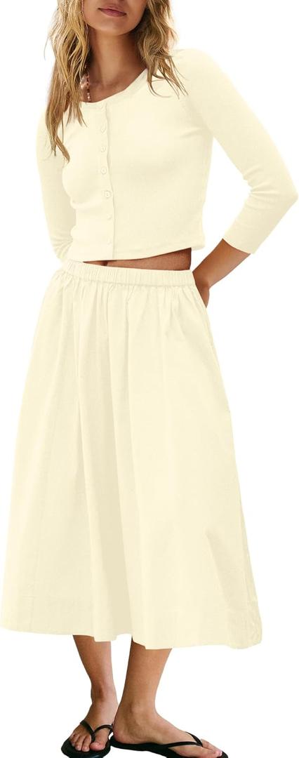 Panadila Womens 2 Piece Lounge Sets Matching Vacation Outfits Ribbed Button Down Cardigan and Elastic Waist Skirt Sets (Large, Ivory)