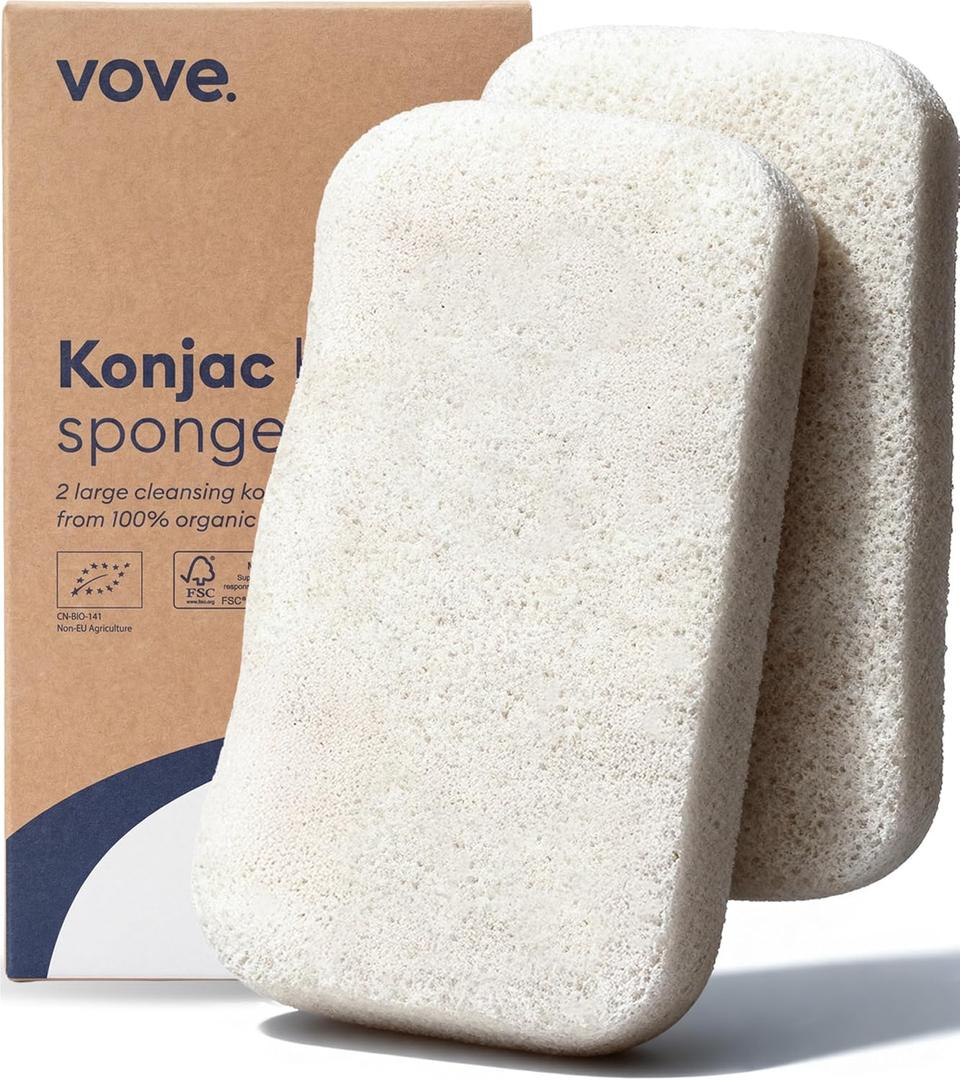 Vove Organic Konjac Body Sponges 2-Pack - Natural Full Body Exfoliating Shower Sponges, Gentle Plant-Based Cleansing for All Skin Types, Microplastic-Free Biodegradable, Certified Organic