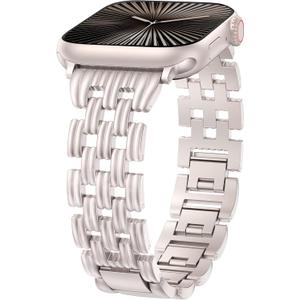Minyee Compatible with Apple Watch Band Women 42/41/40/38/44/45/46/49mm, Dressy Starlight Gold Shiny Basketweave Designer Stainless Steel Metal Strap for iWatch Series 11 10 9 8 7 6 5 3 2 1 SE Ultra