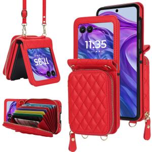 for Motorola Razr 2024 Wallet Case with Crossbody Strap, [RFID Blocking] Large Capacity Card Slot Case Women Girls Premium Leather Zipper Wrist Strap Flip Cover for Motorola Razr 50 2024 Red