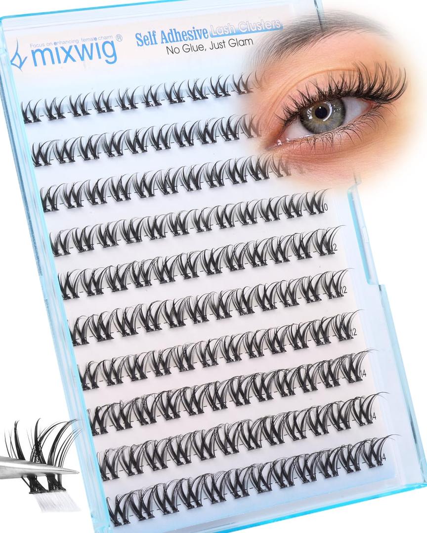 Self Adhesive Lash Clusters Wispy Eyelash Clusters Self Adhesive Eyelashes Pre Glued Natural Cluster Lashes Wet Look Individual Lashes D Curly 8-14MM Lash Extension Press on Lashes by Lvmixwig