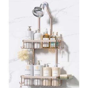 YASONIC Shower Caddy Hanging, Never Rust Shower Organizer Hanging, Aluminum Shower Racks for Inside Shower with Hooks for Razor, Bathroom Organizers and Storage with Soap Holder, Rose Gold