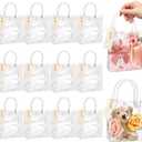 HairChrysm 12 Pack Clear Gift Bags with Handles, 5.1" L x 2.75" W x 5.9" H - Small Plastic Party Favors Bags for Wedding Birthday Baby Shower Includes Gift Tags & Ribbon Candy Tote Goodie Bag Bulk