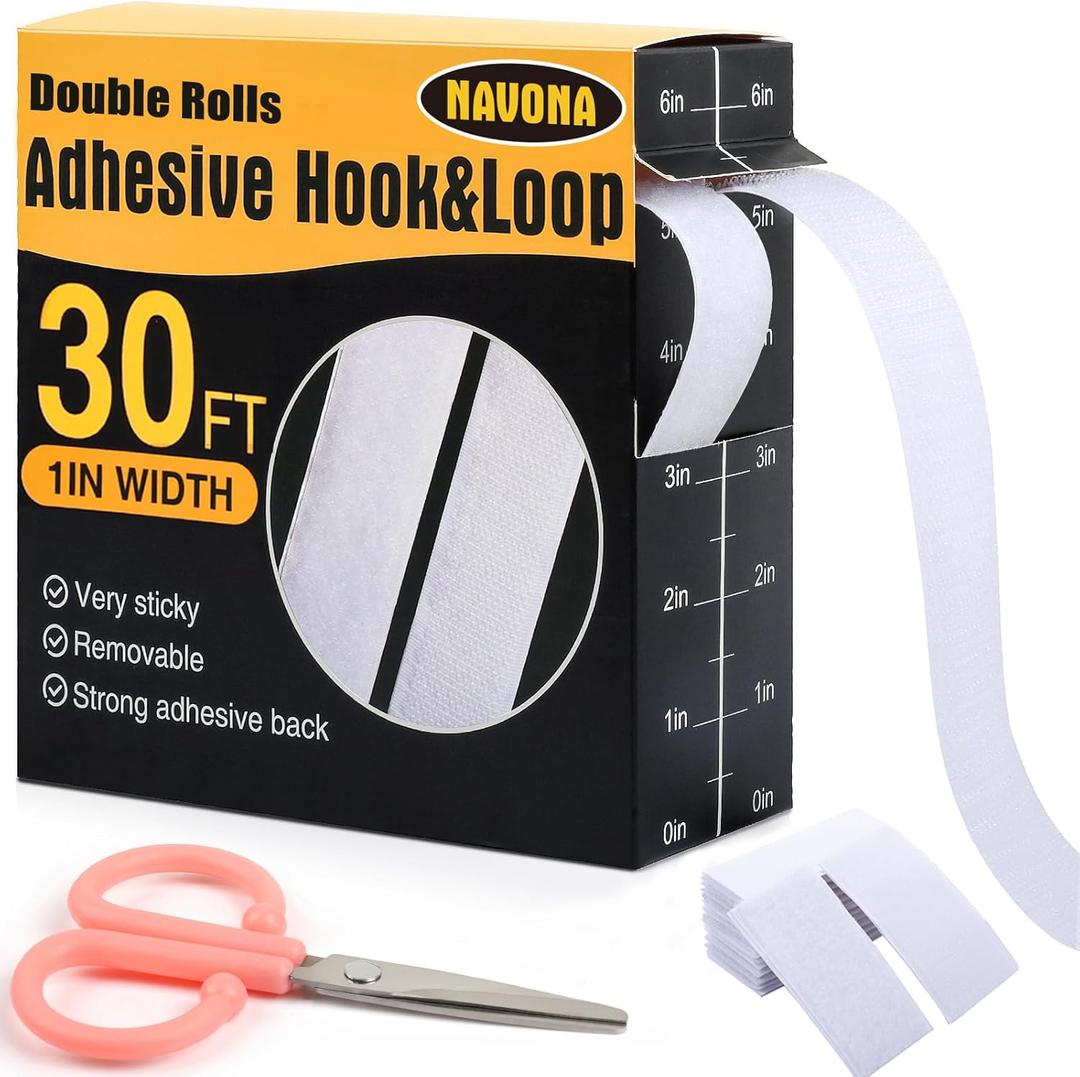 Navona 30Ft x 1 Inch Hook and Loop Strips with Adhesive 2 Rolls Heavy Duty Hook and Loop Tape with Backing for Home, Office, School, and Crafting Projects, White