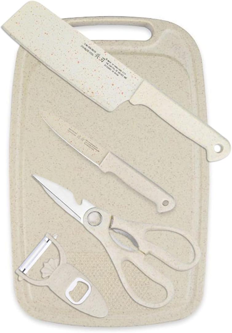 5 in 1 Mini Knife and Cutting Board Set, Small Cutting Board Camping Cutting Board Cutting Board Scissors, Smart Cutting Board and Knife Set, Dorm Kitchen Essentials Travel Knife Set (Wheaten)