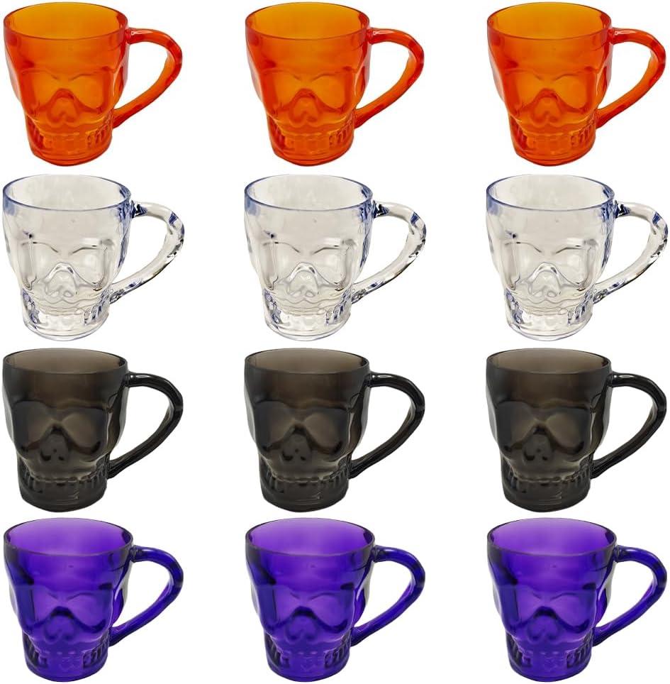 12Pcs Halloween Cups Skull Shaped Plastic Mugs Reusable Skeleton Cups 16oz for Whiskey,Beer, Wine, Juice, Bar Halloween Party Supplies