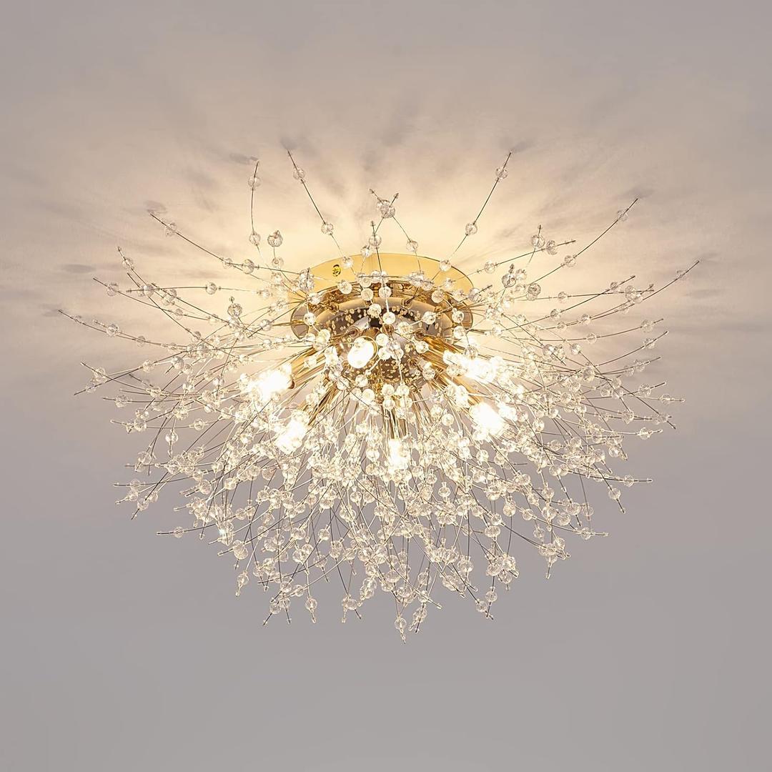 CM MZY 6-Light Sputnik Flush Mount Ceiling Light Fixture, Modern Gold Crystal Firework Ceiling Lights, Close to Ceiling Lamp for Bedroom Kitchen Hallway Entryway Bathroom