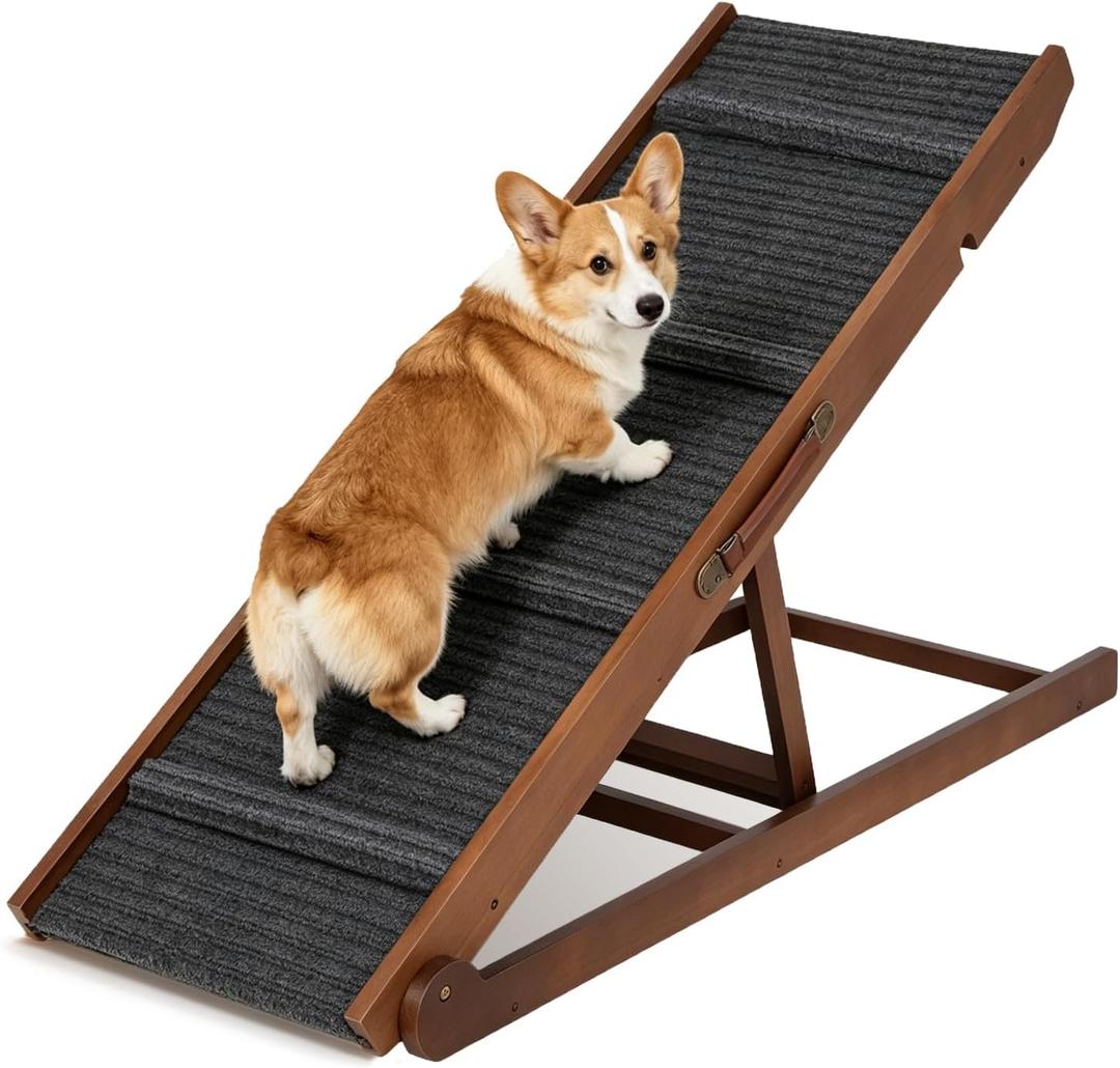 Foldable Dog Ramp with Handle, 5 Adjustable Heights (10"24")-Walnut | 40" Long Adjustable Pet Ramp with Anti-Slip Surface for Couch, Car Ramp for Small Dogs