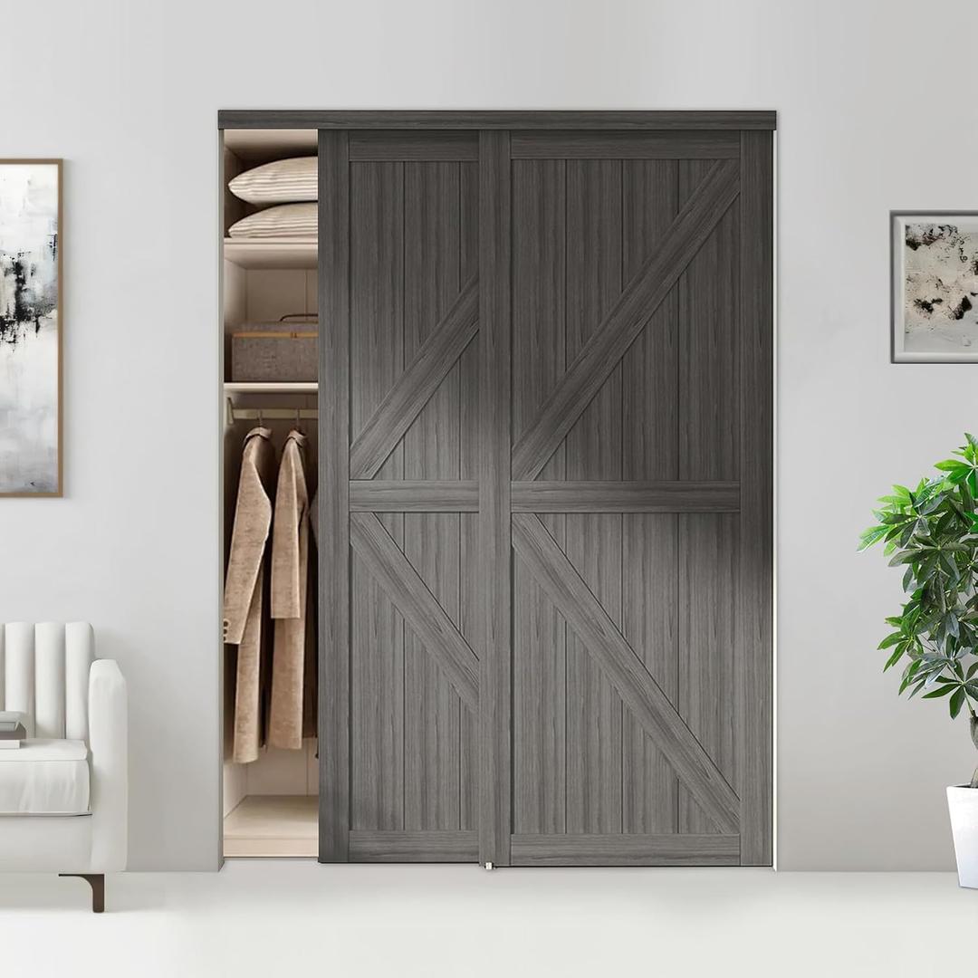 BARNSMITH Sliding Closet Door 60"x80" with Hardware Kit & Matching Fascia, Double K Shape Bypass Closet Door, Solid Wood Slab with Water-Proof & Scratch-Resistant PVC Surface, Preassembled, Gray