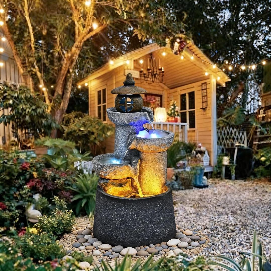 Qingyignge 27 H Modern Outdoor Fountain 2 Crocks Outdoor Garden Fountains LED Light for Garden, Patio, Deck, Porch, Backyard and Home Art Decor