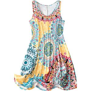 COZYEASE Women's Plus Size Bohemian Graphic Midi Dress V Neck Sleeveless Flared Boho Dresses (3X-Large Plus, Yellow)