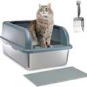 Enclosed Stainless Steel Cat Litter Box, Upgraded XXL Extra Large Litter Box for Big Cats, Metal Litter Box High Sided, Easy Cleaning, Include Litter Scoop (with cat mat)