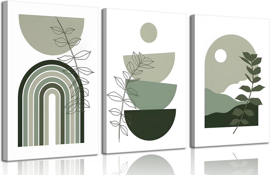 Set of 3 Sage Green Boho Canvas Wall Art Minimalist Botanical Wall Decor Pictures Modern Abstract Neutral Geometric Line Green Leaf Posters Prints for Living Room Bedroom Home Decoration 16x24in