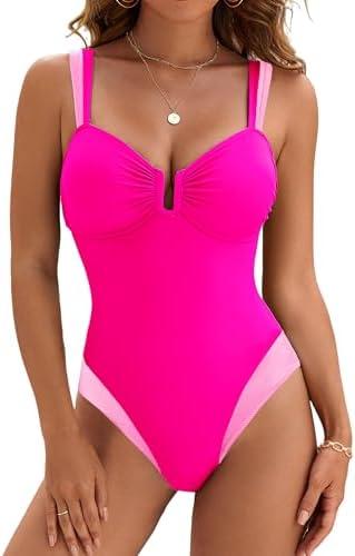 BMJL Womens One Piece Swimsuits Sexy U Wire Slimming Bathing Suit Retro Color Block Tummy Control Swim Suit Swimwear（L, Hot Pink）