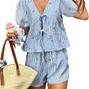 Milumia Women's 2 Piece Outfit Striped Bow Tie Puff Sleeve Blouse and Shorts Set Blue Small