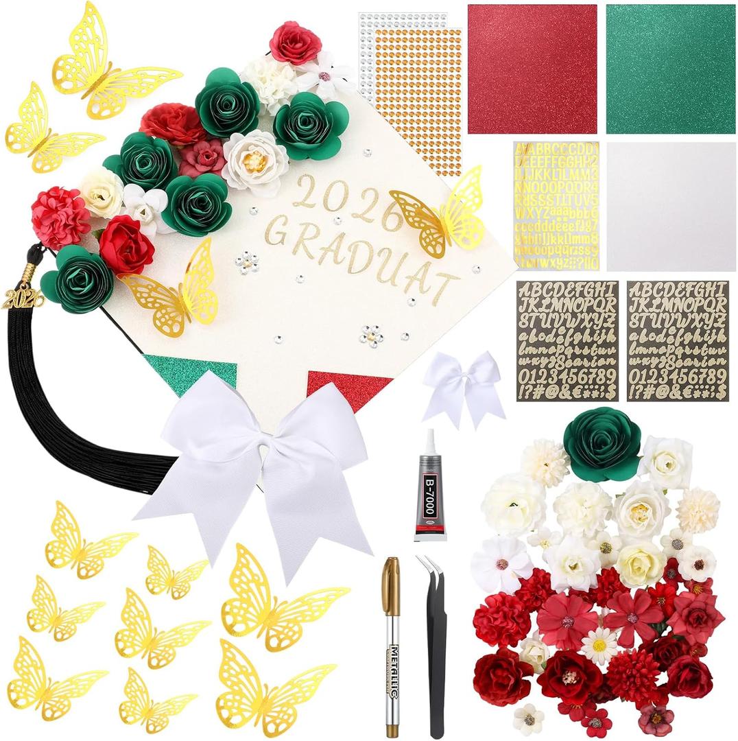 WinnerWhy 52Pcs DIY Mexican Flag Graduation Cap Decorations 2026 Handmade Mexico Grad Hat kit Included Faux Flower Heads Letter Number Rhinestones 3D Butterfly Stickers for Craft Graduation Cap Topper