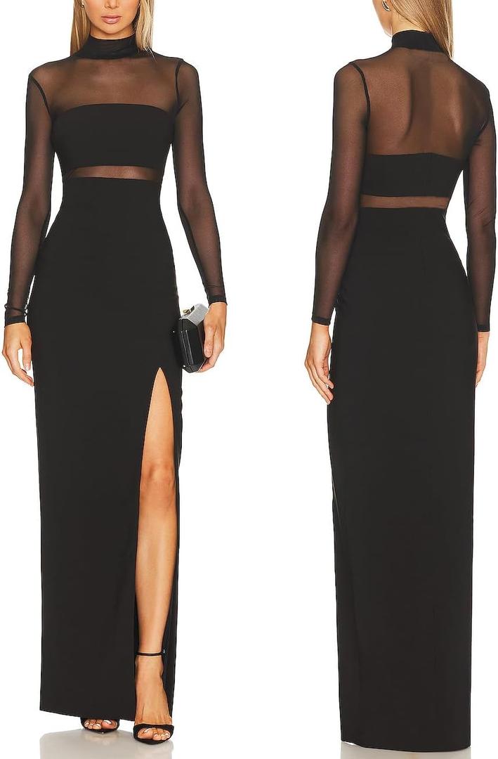 Aigeman Women See Through Mesh Long Sleeves Maxi Dress Turtleneck Bodycon Long Dresses Side Slit Cocktail Party Dress 451, X-Small, Black