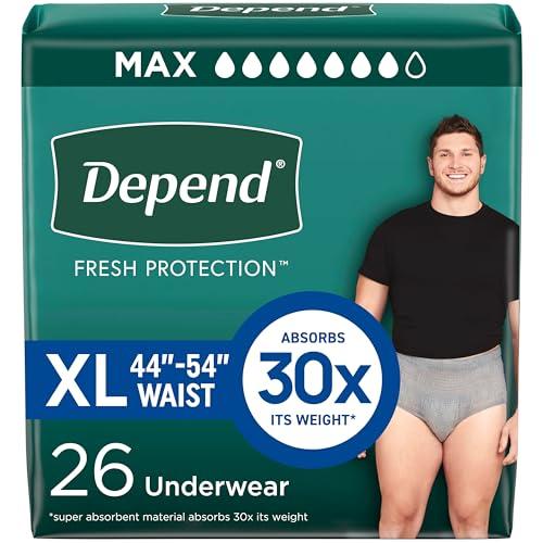 Depend Fresh Protection Adult Diapers, Incontinence Underwear for Men, Disposable, Maximum, Extra-Large, Grey, 26 Count
