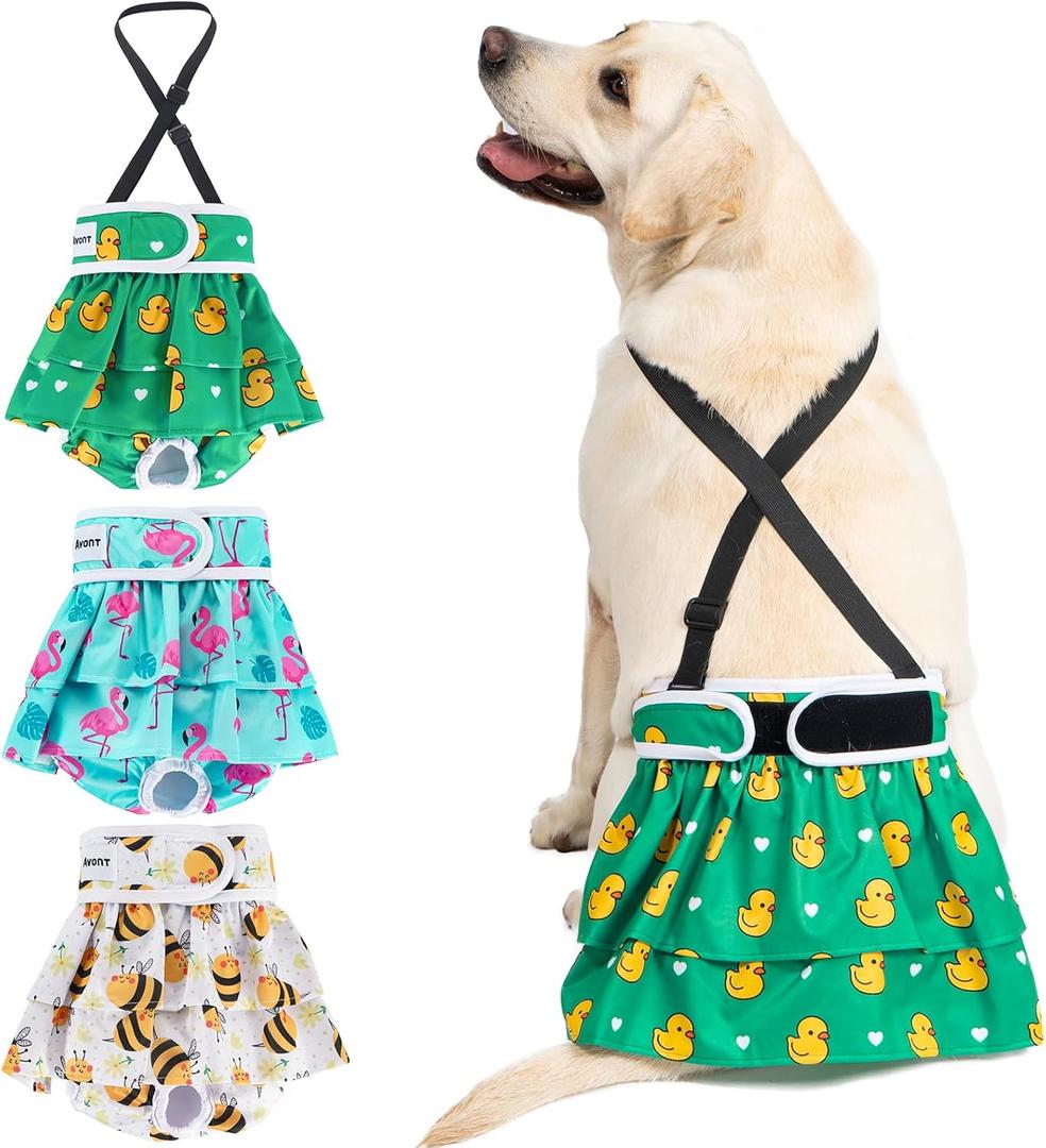 Avont 3 Pack Washable Female Dog Diaper with 1 Suspender, Reusable Girl Doggie Underwear Pants for Heat Cycle Period Incontinence Detachable Strap -Animal Pattern L