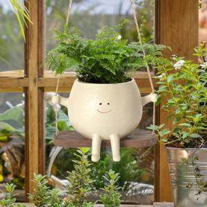 Smily Face Planters Pot, Cute Swing Hanging Resin Head Planter for Indoor Outdoor Plants, Succulent Flower Pots with Drainage Hole, DIY Gift Decorative Novelty Planter