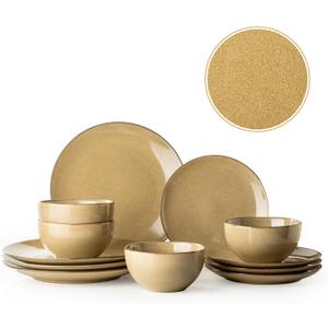 Plates and Bowls Sets, 12 Pieces Modern Stoneware Dinnerware Set for 4 Kitchen Dinner Set Ceramic Dishware Dishes Set Microwave and Dishwasher Safe (Maize Yellow)