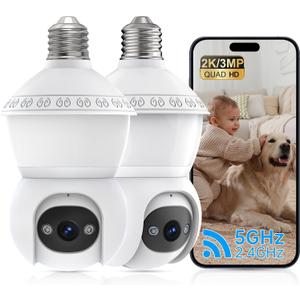 Light Bulb Security Camera,2.4G/5GHz WiFi 2K Security Cameras Wireless Outdoor,Bulb Cameras for Home Security,AI Human Detection and Alarm,2 Way Talk,Color Night Vision,Compatible with Alexa 2PCS