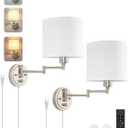 Plug in Wall Sconces with Remote Control, Dimming & Adjustable Colors 2700K-6500K, Hardwire or Plug-in, Swing Arm Wall Lamp with White Fabric Shade, Wall Sconces, Brushed Nickel Finish